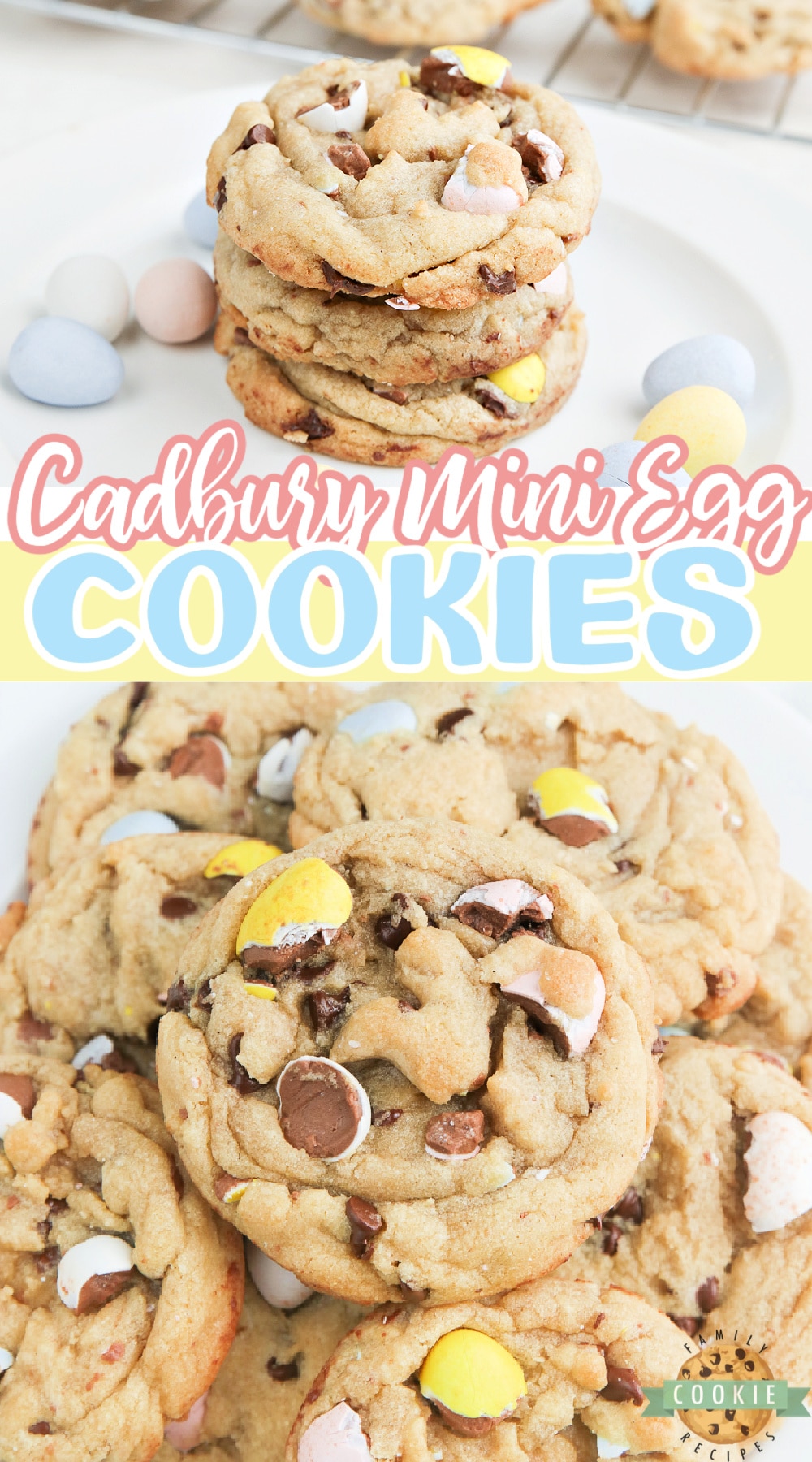 Cadbury Mini Egg Cookies are soft, thick and filled with your favorite Easter candy! Chewy cookie recipe made with chocolate chips and crushed Cadbury Mini Eggs. via @buttergirls