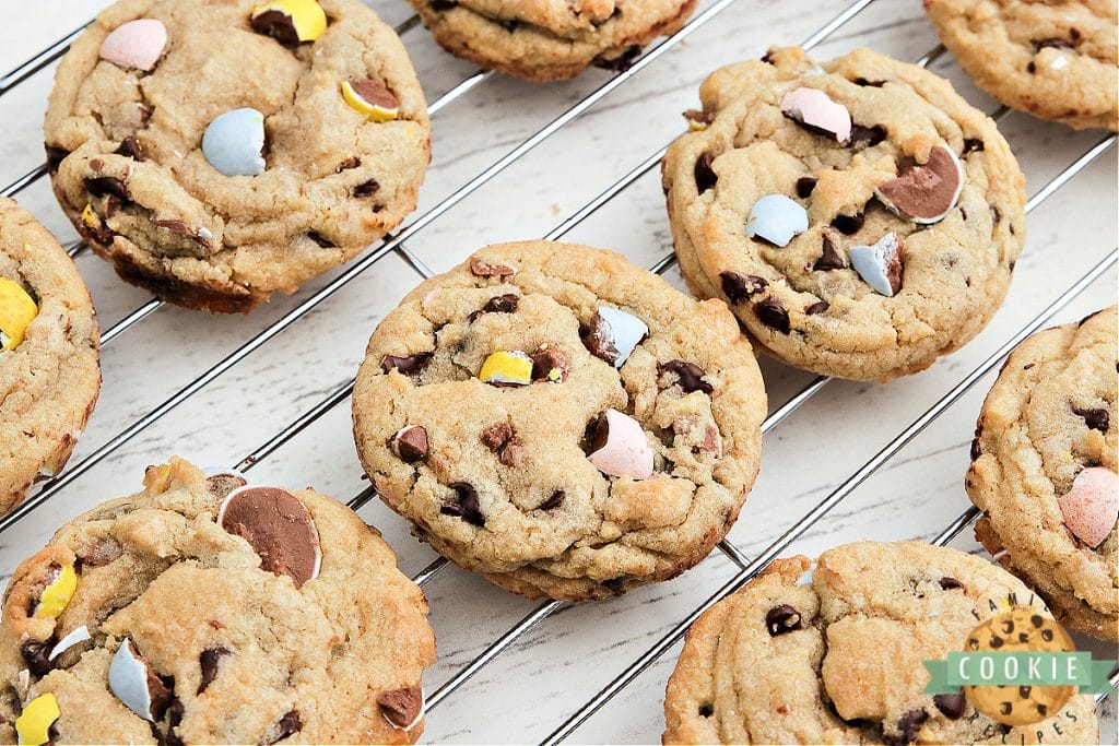 Cadbury Mini Egg Cookies are soft, chewy and filled with your favorite Easter candy! Delicious cookie recipe made with chocolate chips and crushed Cadbury Mini Eggs. 