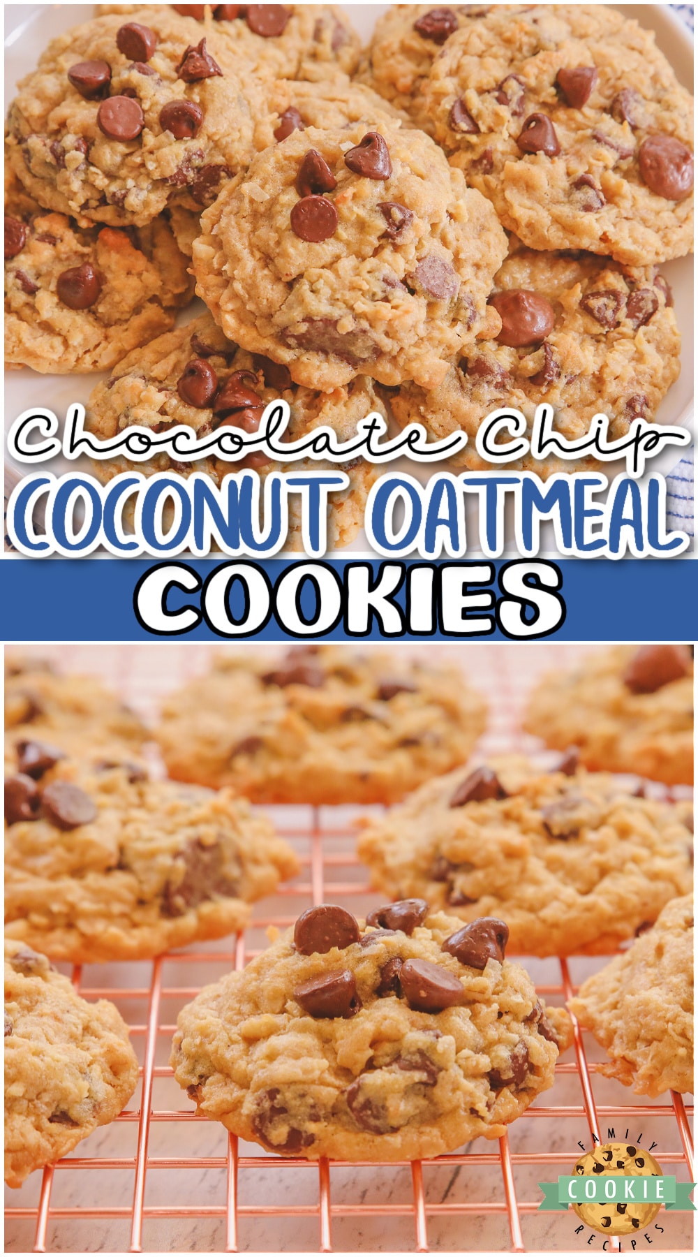 Chocolate Chip Coconut Oatmeal Cookies are packed with sweet coconut flakes, chocolate chips, and chewy oatmeal in every bite! These oatmeal chocolate chip cookies are so delicious, all the ingredients combined create a spectacular cookie like no other.