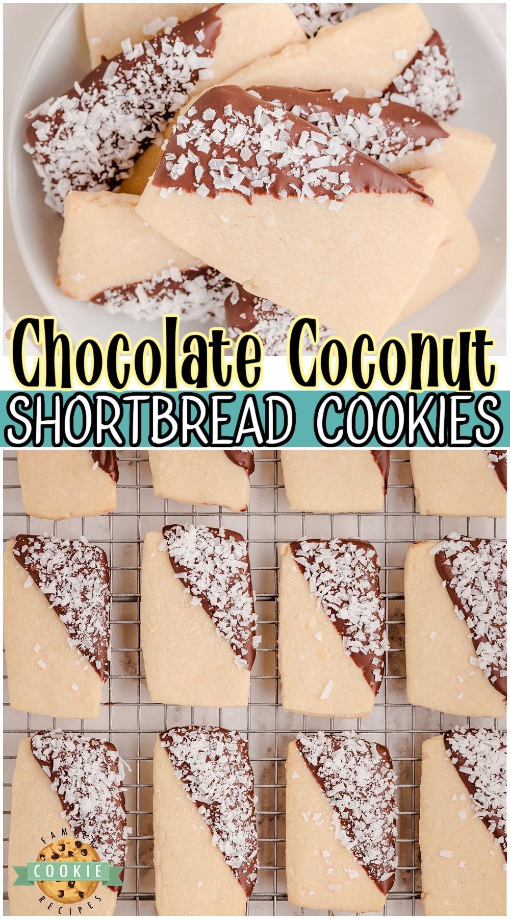 Coconut shortbread cookies are buttery, crisp shortbread cookies with fantastic coconut flavor! They're dipped in chocolate & dusted with more coconut for a delicious cookie combination. via @buttergirls