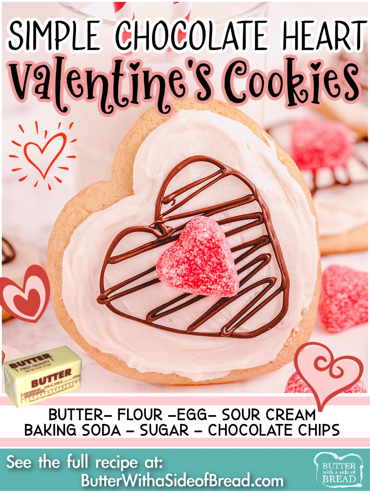 Chocolate Heart Valentine's Sugar Cookies are soft, buttery cookies topped with vanilla icing & candy hearts!  These simple Valentines Day sugar cookies are adorable and festive! 