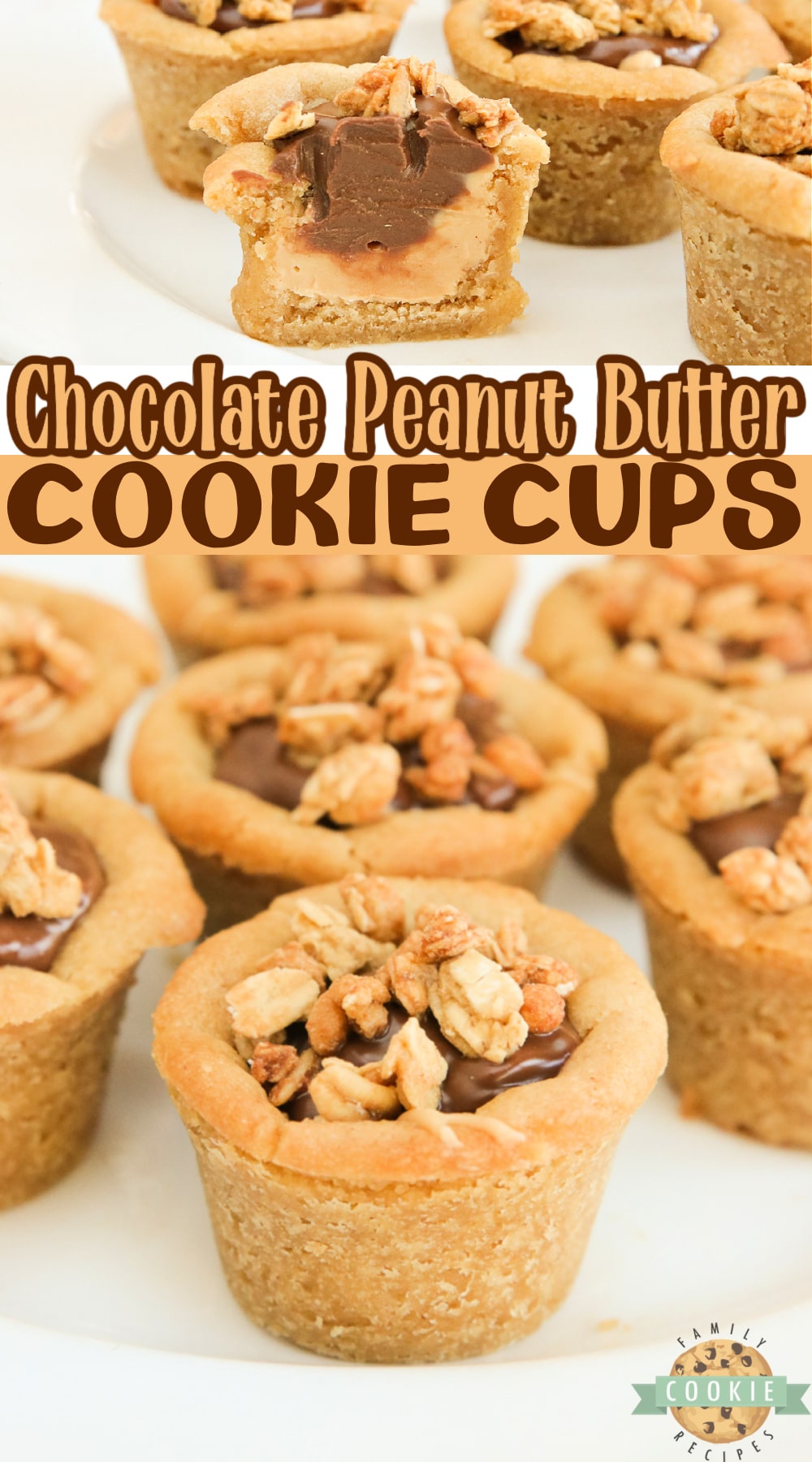 Cups easily made with only 5 ingredients! Peanut butter cookie cups filled with creamy peanut butter and chocolate layers and topped with granola for a little bit of a crunch! 