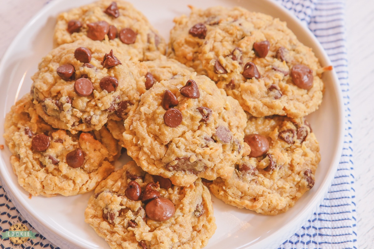 plate of chocolate chip coconut oatmeal cookies