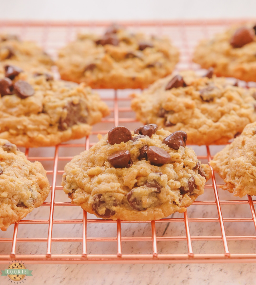 chocolate chip coconut oatmeal cookies on a cooling rack
