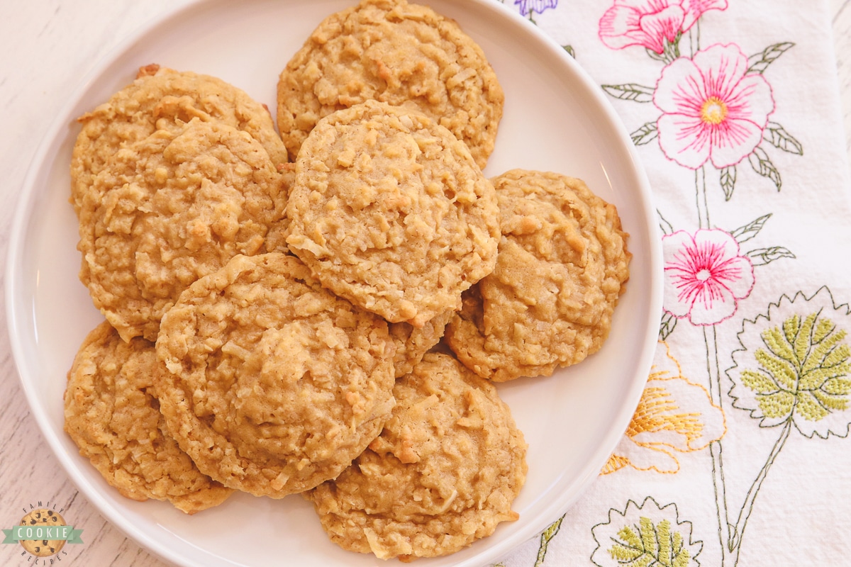 coconut oatmeal cookies on a white plate