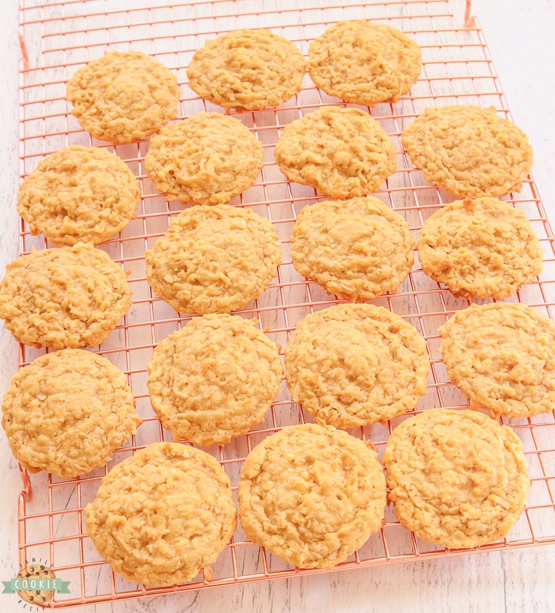 coconut oatmeal cookies on a cooling rack