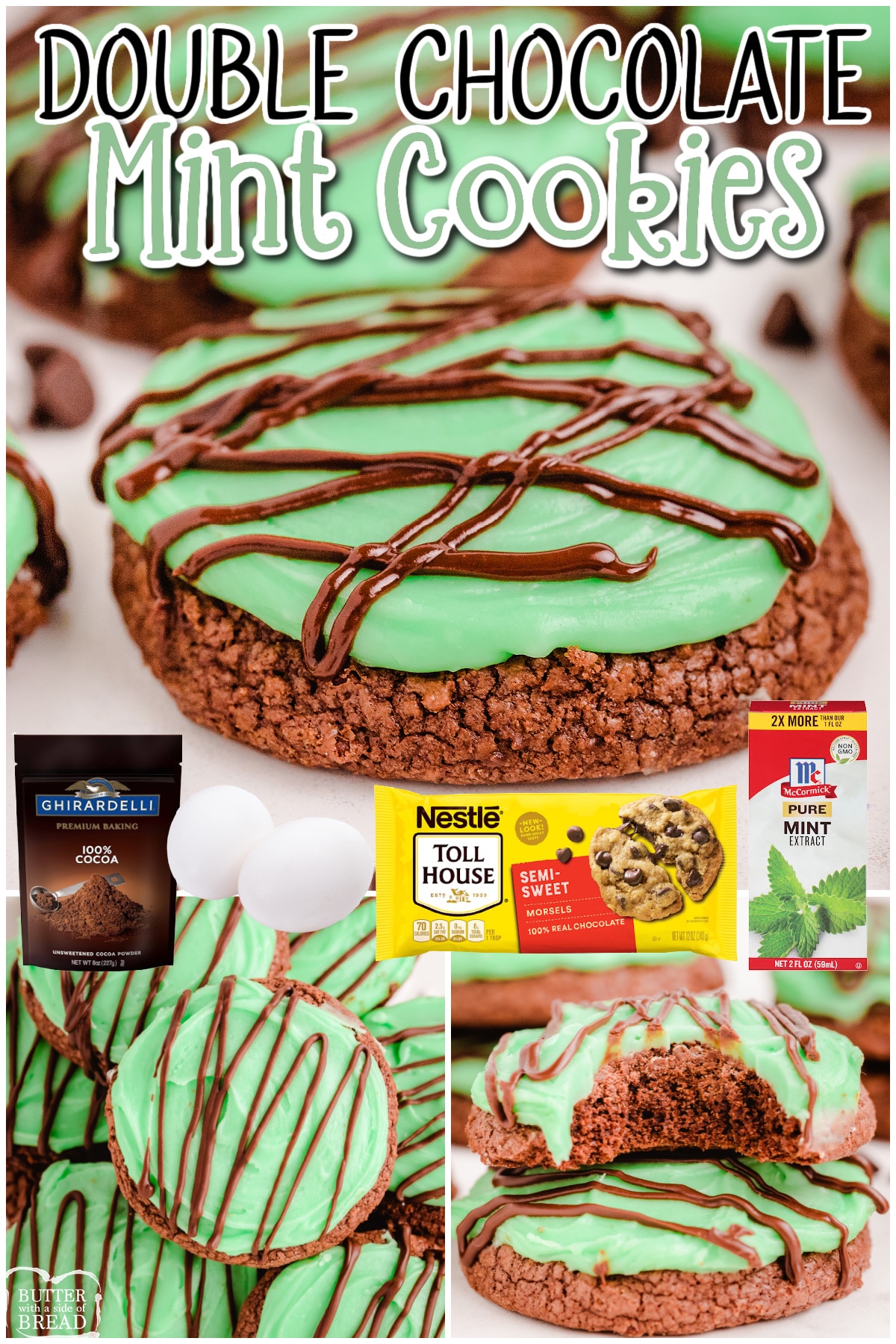 Double Chocolate Mint Cookies with a brownie cookie base, topped with mint icing and a decadent chocolate drizzle! Fantastic cookies that mint chocolate lovers go crazy over! 