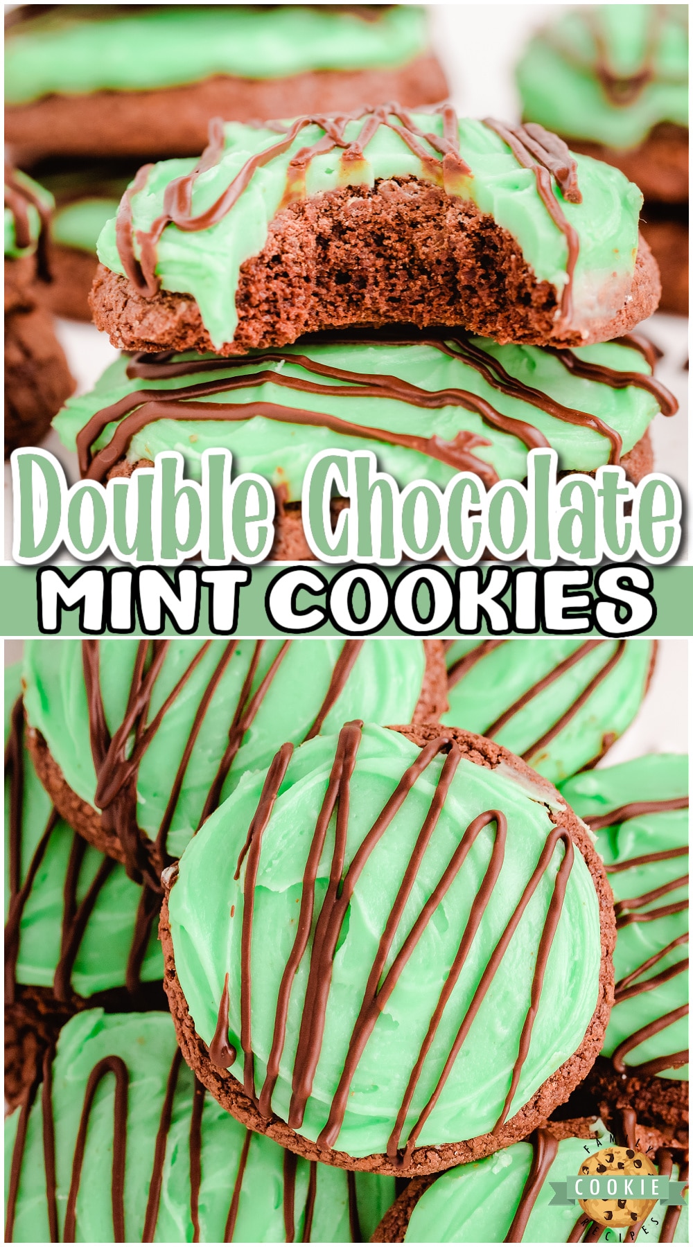Double Chocolate Mint Cookies with a brownie cookie base, topped with mint icing and a decadent chocolate drizzle! Fantastic cookies that mint chocolate lovers go crazy over! 