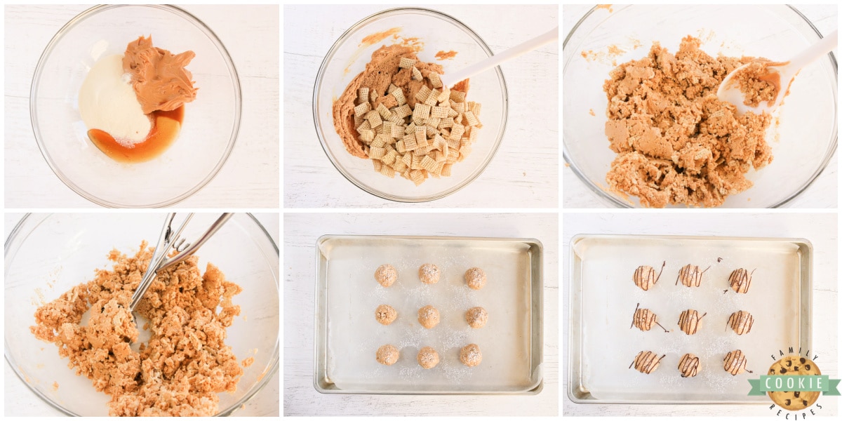 Step by step instructions on how to make No Bake Muddy Buddy Protein Cookies