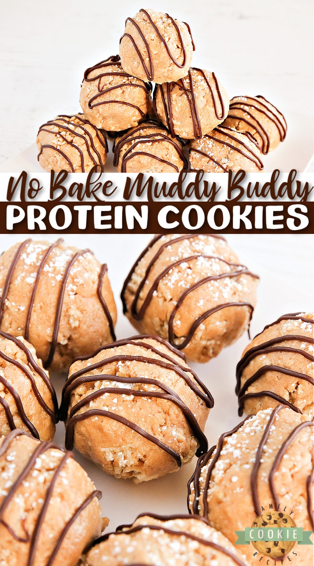 No Bake Muddy Buddy Protein Cookies are made with just 6 ingredients in less than 5 minutes. These delicious cookie have 6 grams of protein each!