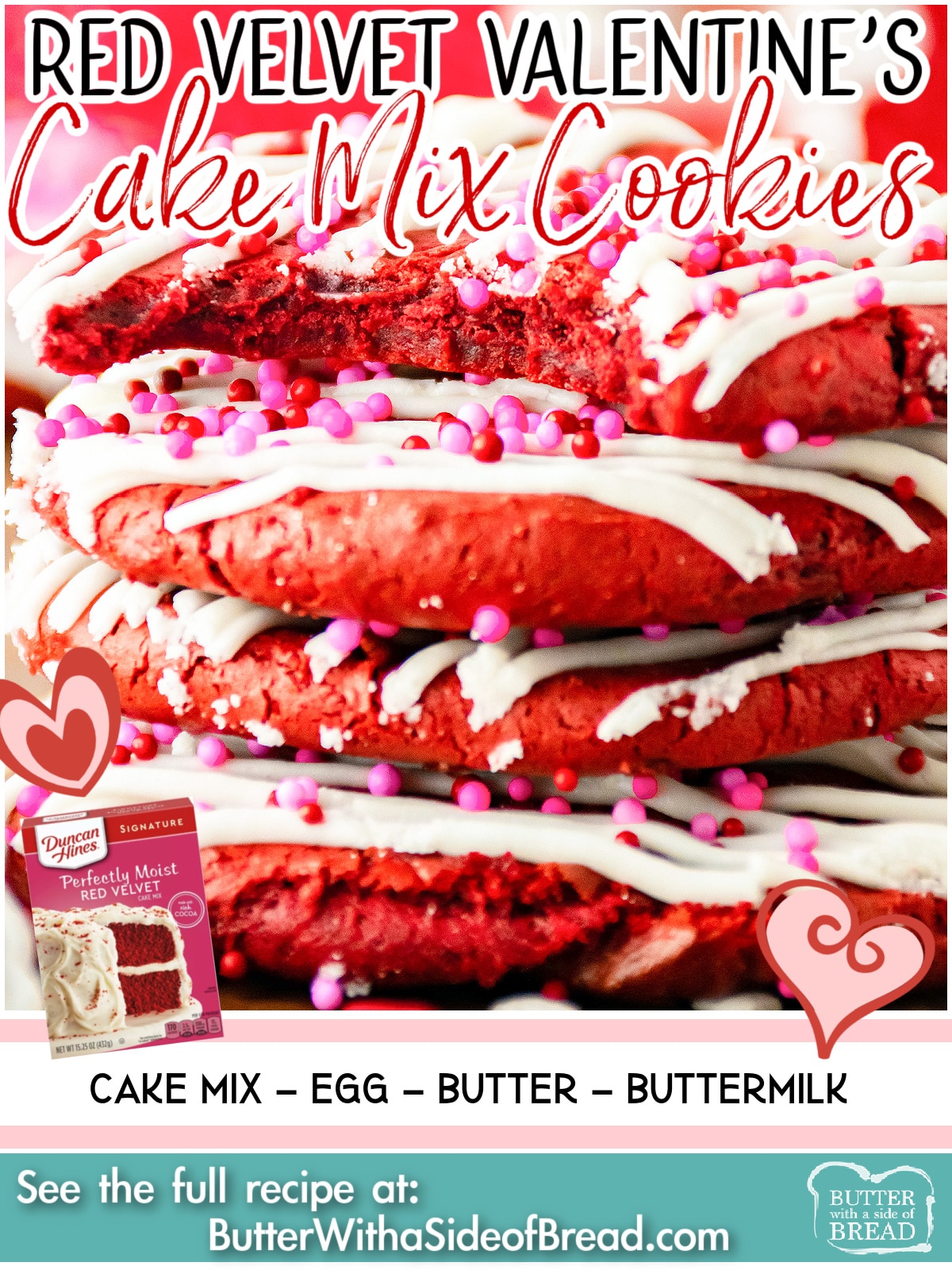 Red Velvet Valentines Cake Mix Cookies have never been easier to make thanks to a cake mix! These Red Velvet Cake Mix Cookies are soft & festive 4 ingredient Valentine's cookies!