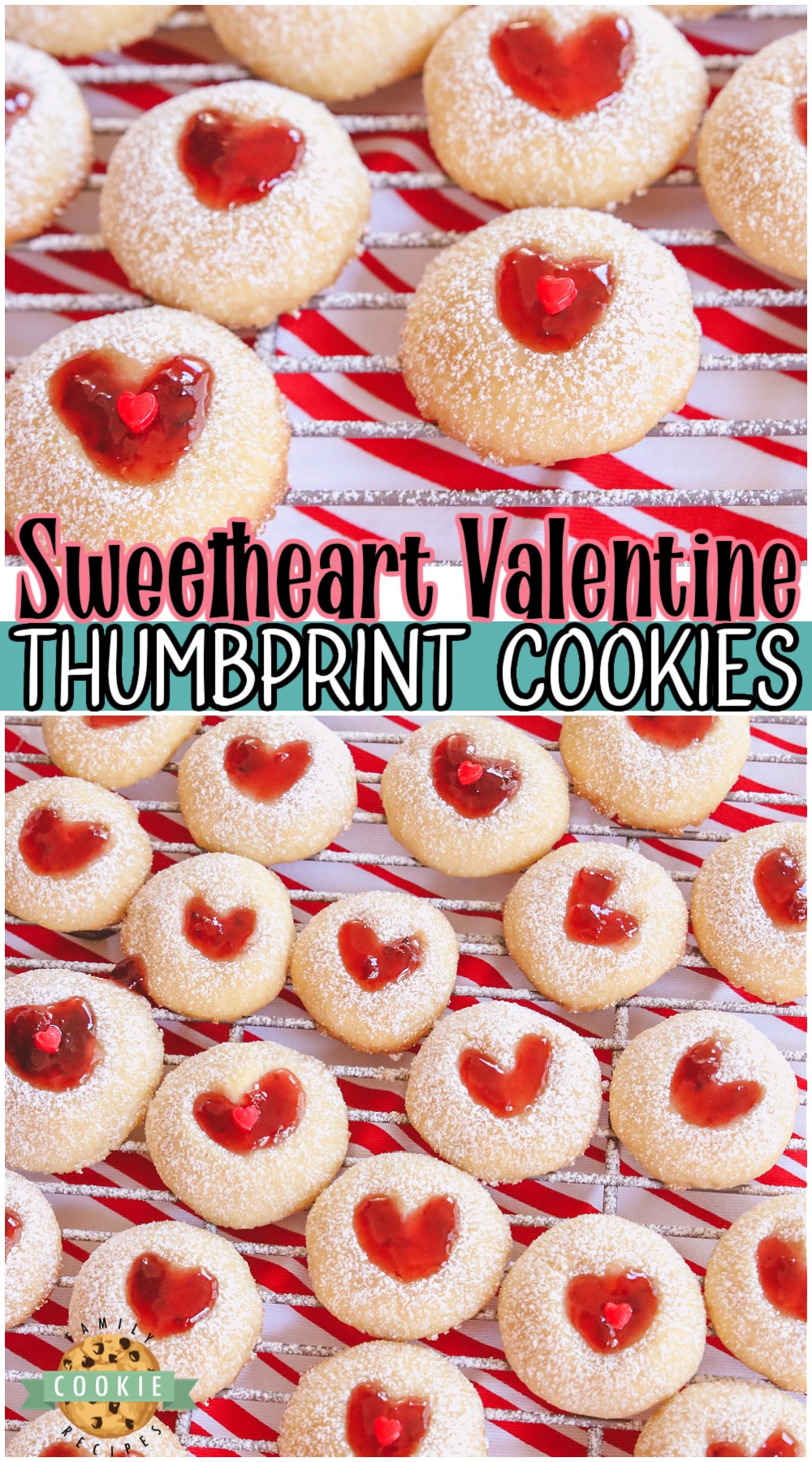 Sweetheart Valentine Thumbprint Cookies are a perfect sweet treat to bake! They're tender, buttery cookies filled with sweet berry jam in the shape of a heart! via @buttergirls