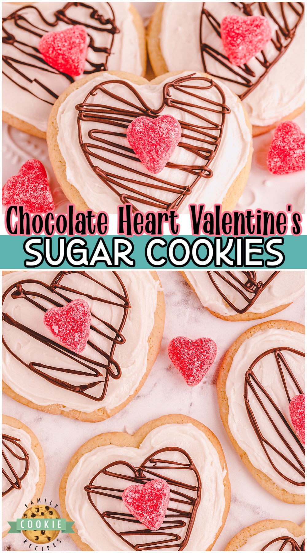 Chocolate Heart Valentine's Sugar Cookies are soft, buttery cookies topped with vanilla icing & candy hearts!  These simple Valentines Day sugar cookies are adorable and festive! 