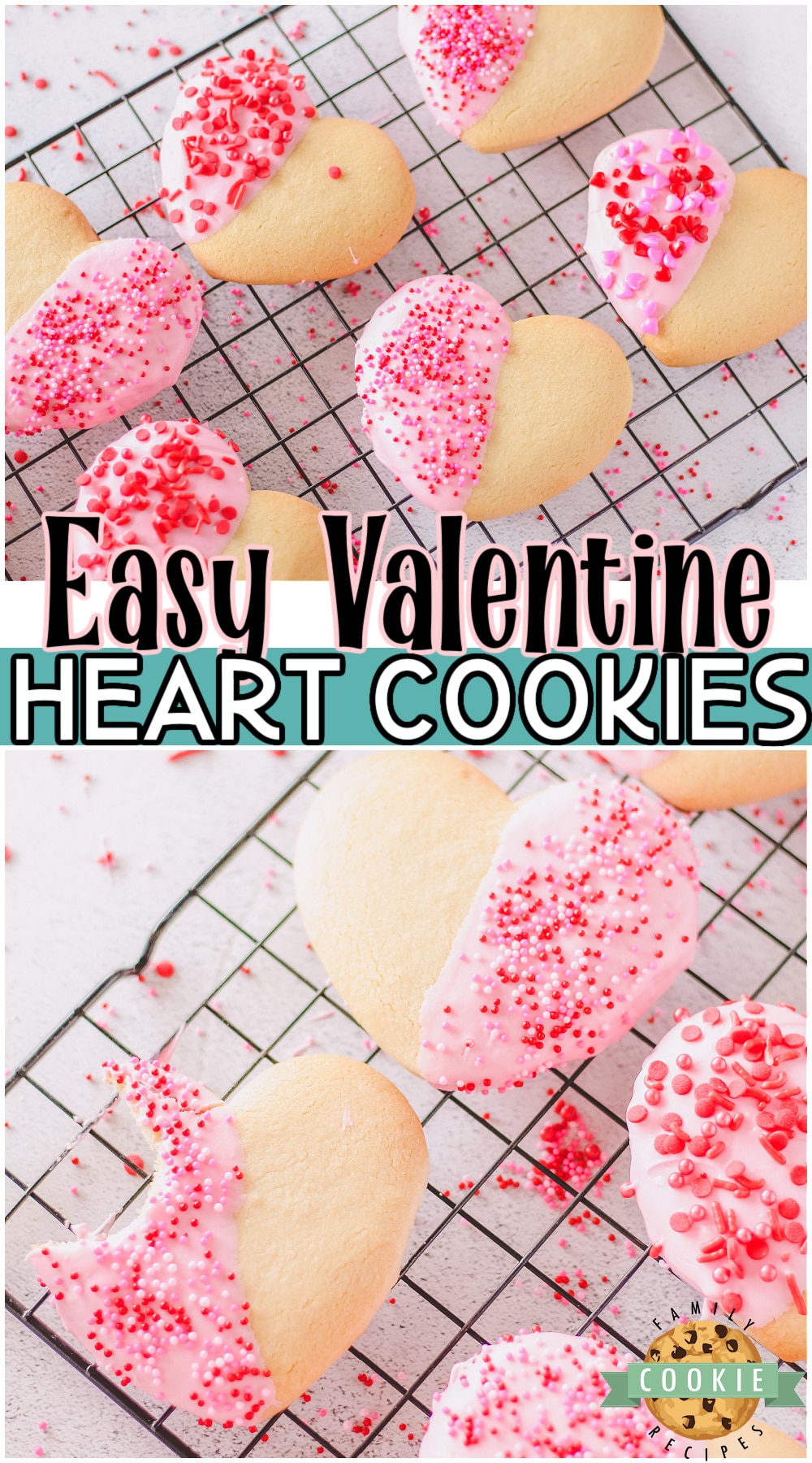 Valentine Heart Cookies are buttery shortbread cookies dipped in chocolate and topped with Valentine's sprinkles! Simple, classic Valentine's cookies that everyone loves! 