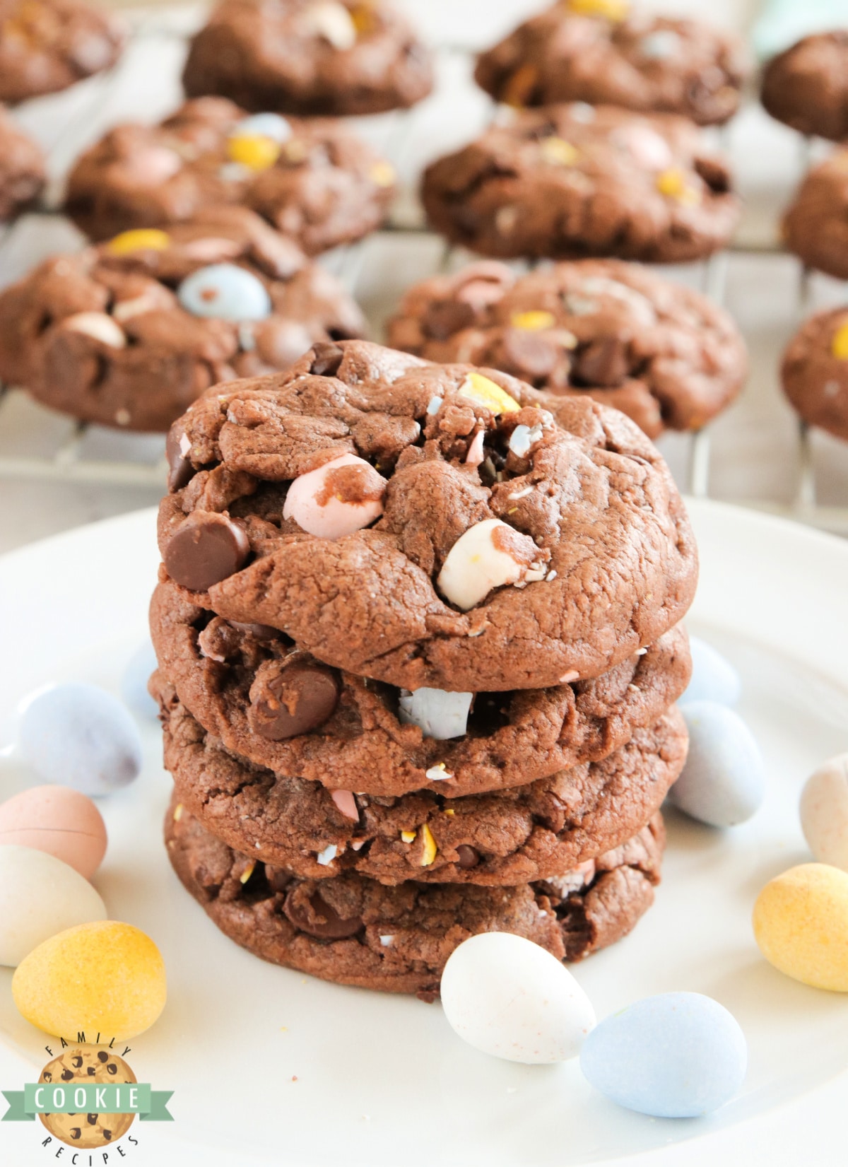 Cadbury Mini Egg Chocolate Cookies are soft, chewy and full of your favorite Easter candy! Delicious chocolate cookie recipe made with chocolate pudding mix, chocolate chips and crushed Cadbury Mini Eggs.