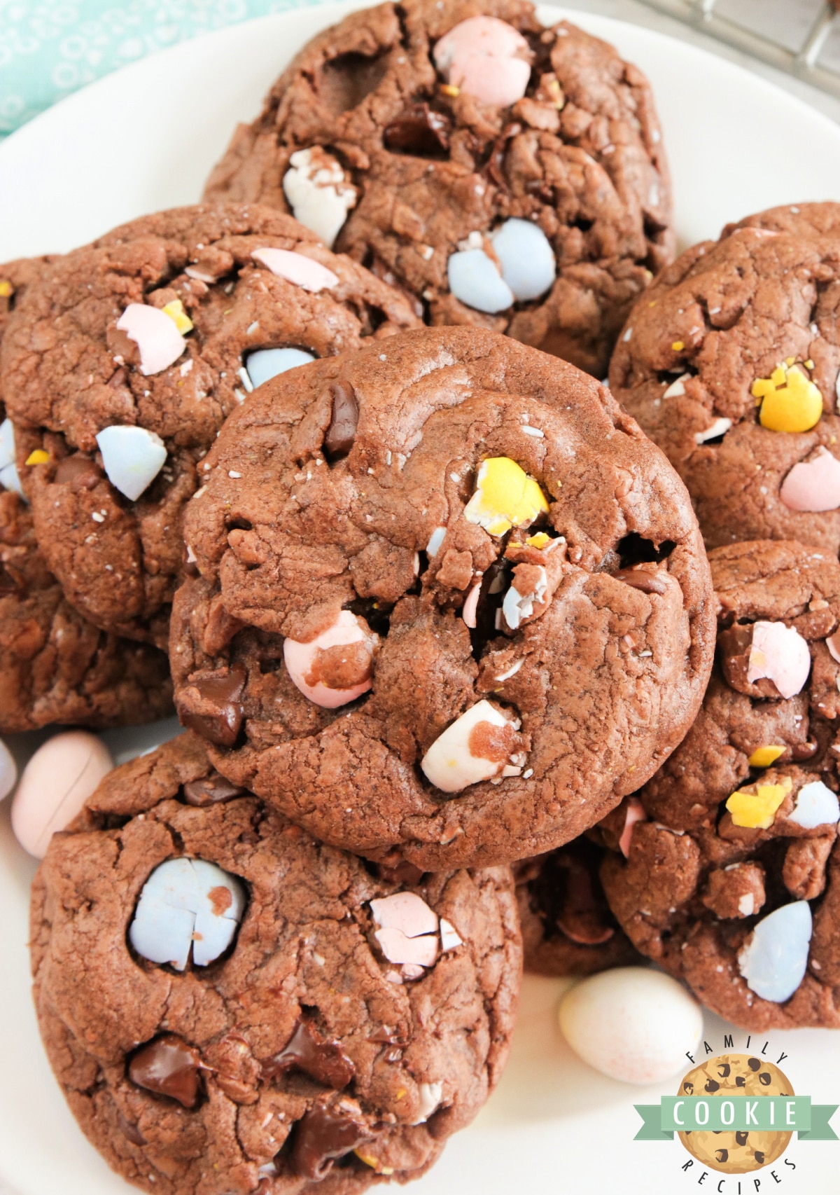 Cadbury Mini Egg Chocolate Cookies are soft, chewy and full of your favorite Easter candy! Delicious chocolate cookie recipe made with chocolate pudding mix, chocolate chips and crushed Cadbury Mini Eggs.