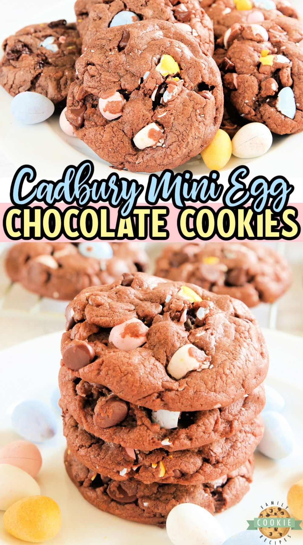 Cadbury Mini Egg Chocolate Cookies are soft, chewy and full of your favorite Easter candy! Delicious chocolate cookie recipe made with chocolate pudding mix, chocolate chips and crushed Cadbury Mini Eggs.