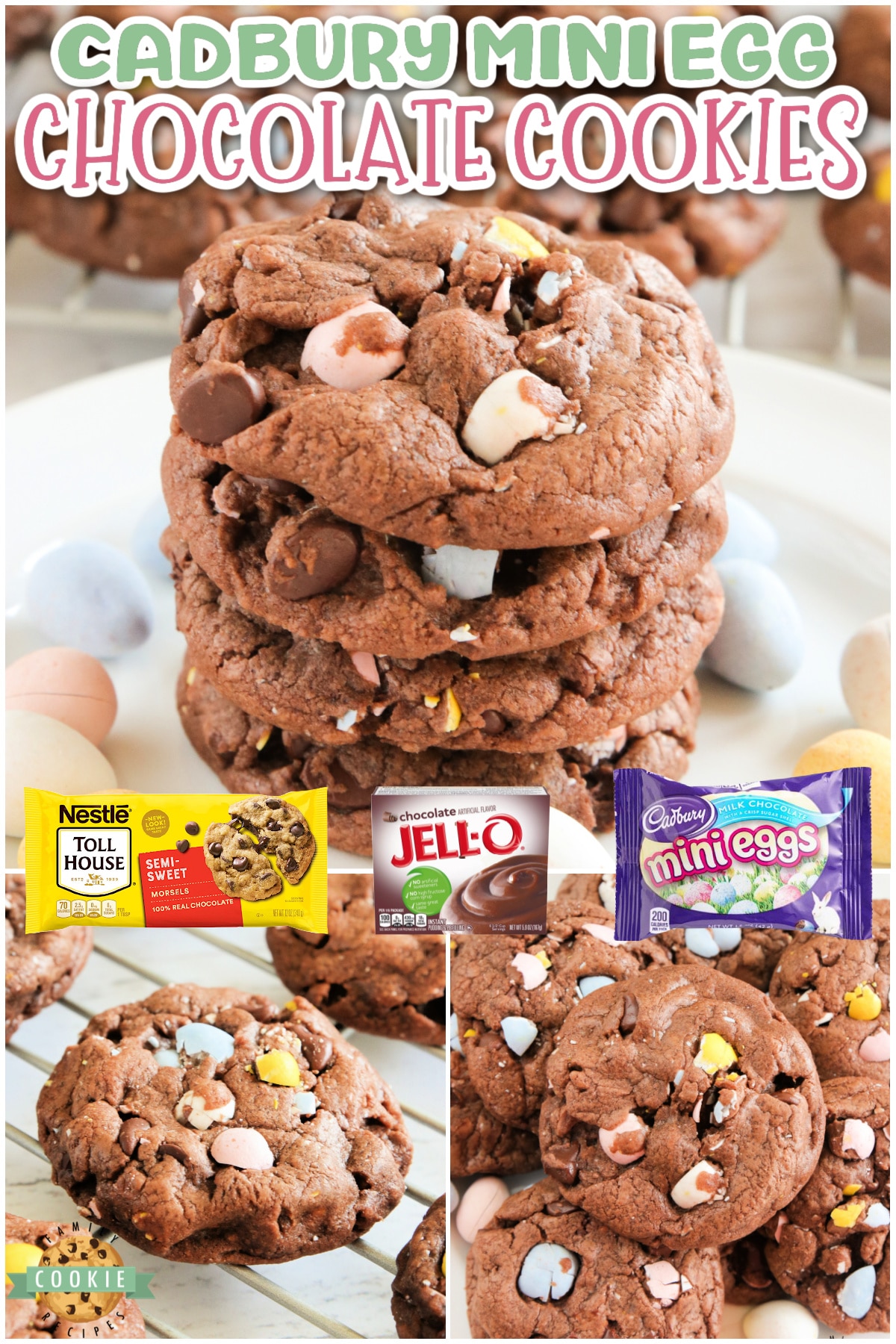 Cadbury Mini Egg Chocolate Cookies are soft, chewy and full of your favorite Easter candy! Delicious chocolate cookie recipe made with chocolate pudding mix, chocolate chips and crushed Cadbury Mini Eggs.