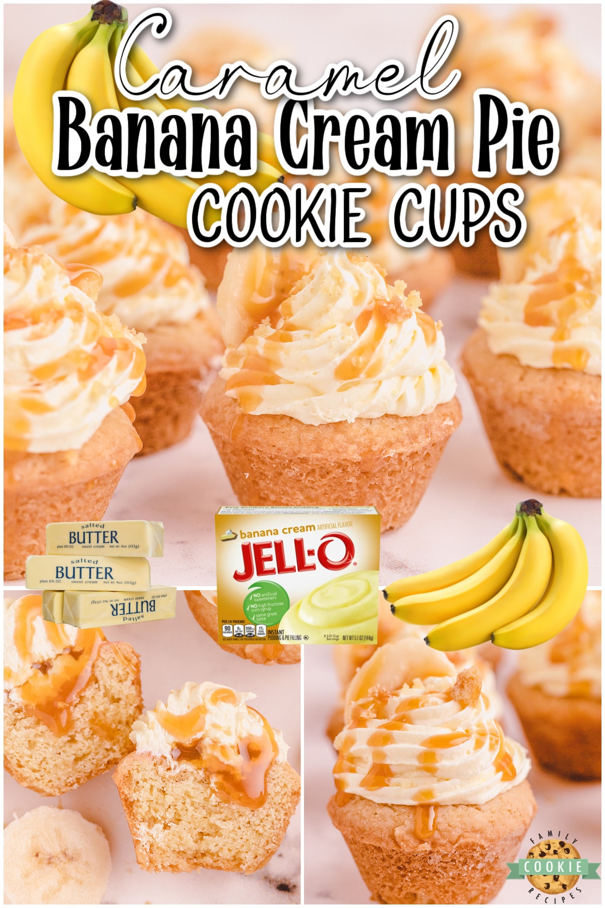 Caramel Banana Cream Pie Cookies are tiny banana cream pies topped with buttery caramel! Sugar cookies topped with a sweet creamy banana filling and caramel for a decadent treat! 
