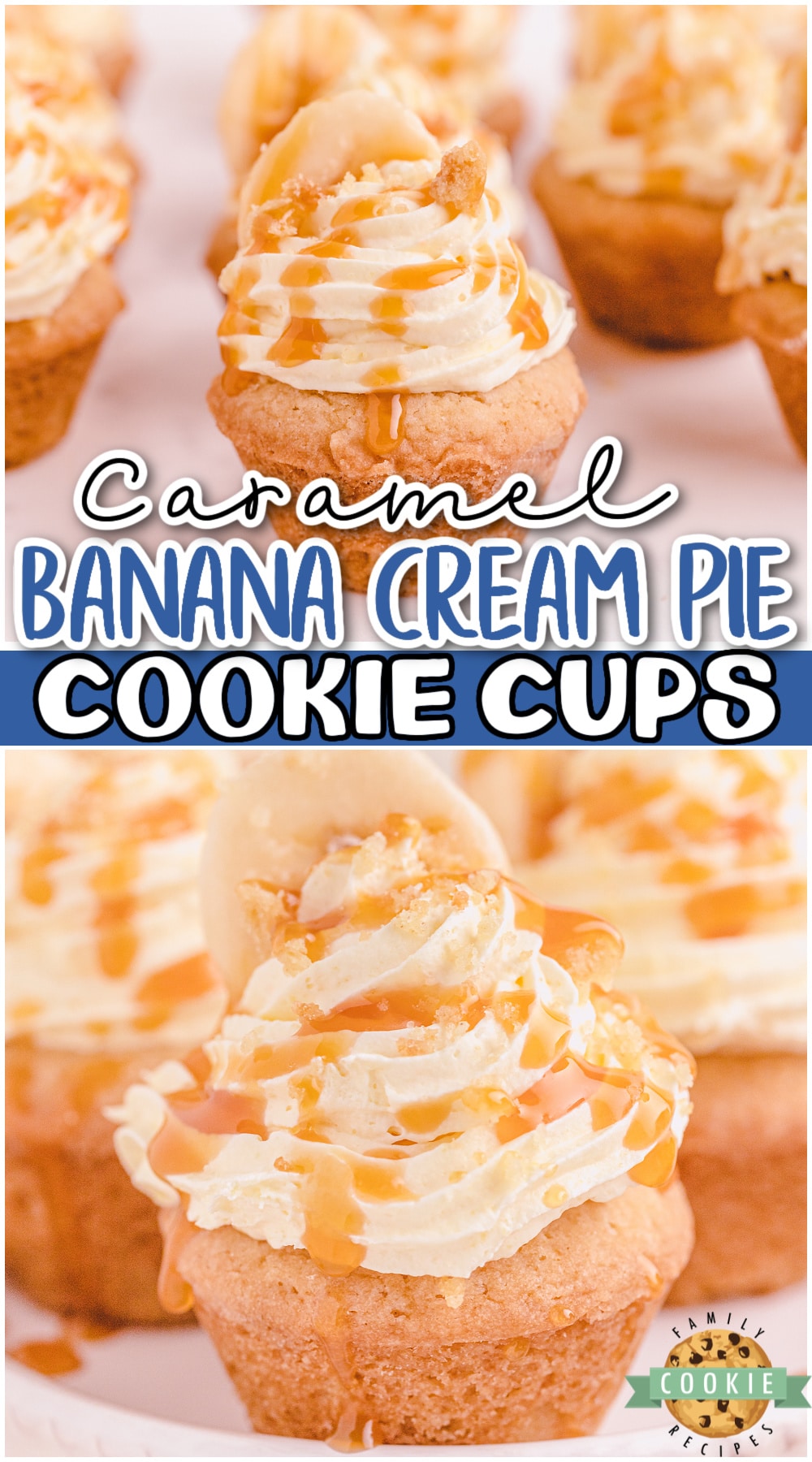 Caramel Banana Cream Pie Cookies are tiny banana cream pies topped with buttery caramel! Sugar cookies topped with a sweet creamy banana filling and caramel for a decadent treat!