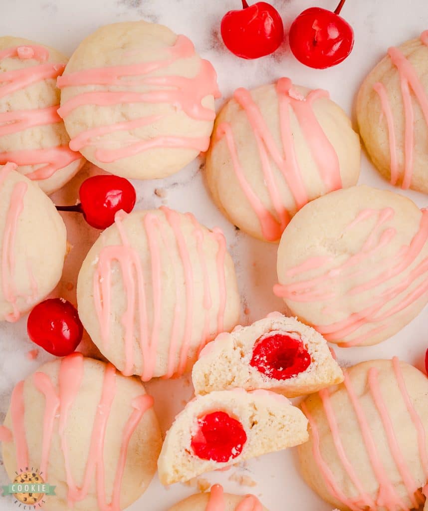 Cherry Shortbread Cookies made with buttery shortbread and a sweet cherry inside! Tender, sweet cookies with lovely cherry almond flavors!