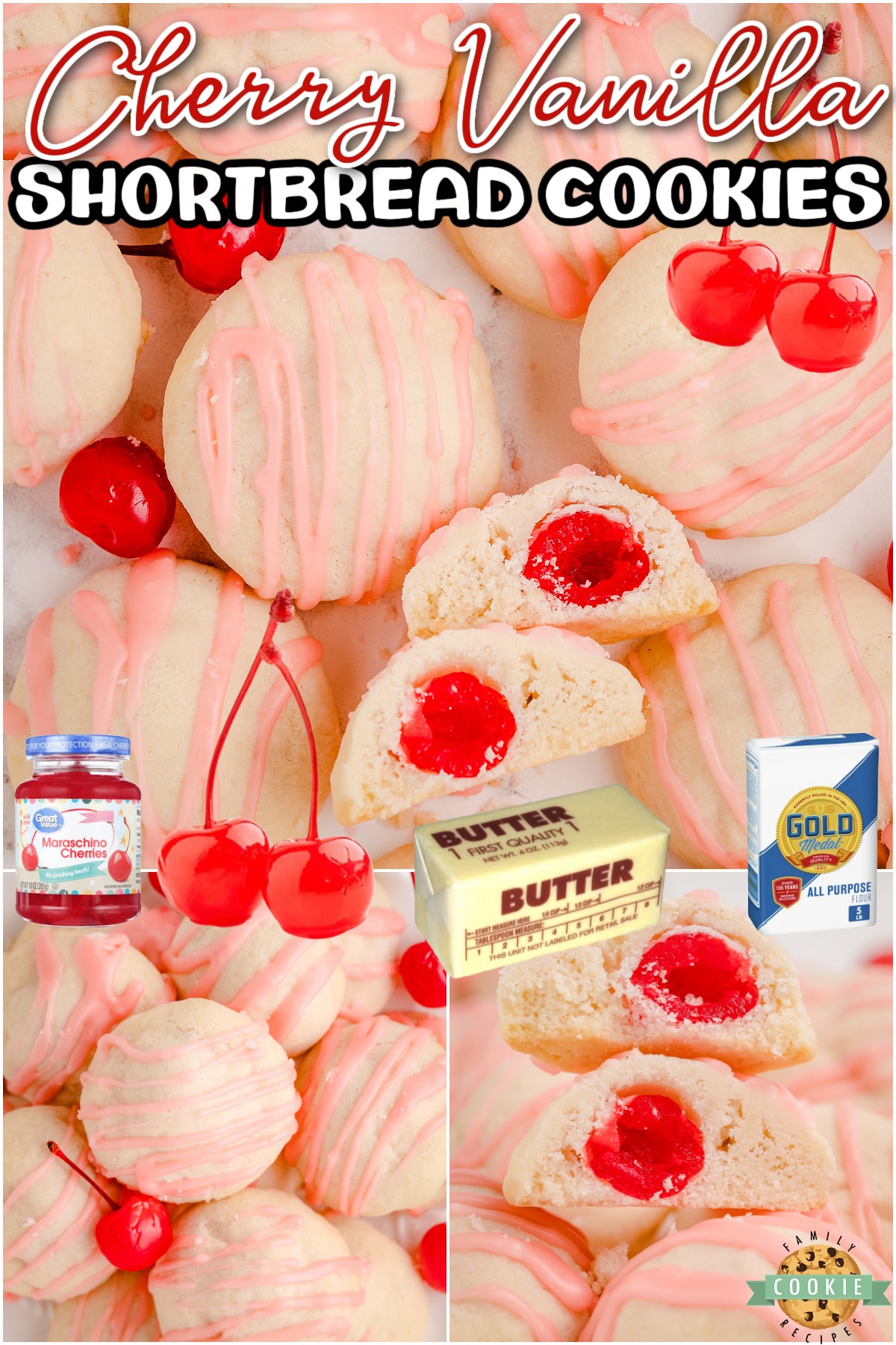 Cherry Shortbread Cookies made with buttery shortbread and a sweet cherry inside! Tender, sweet cookies with lovely cherry almond flavors!