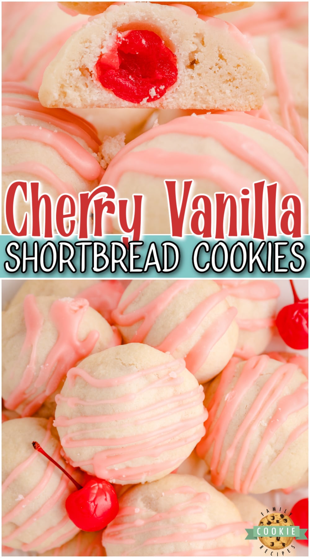 Cherry Shortbread Cookies made with buttery shortbread and a sweet cherry inside! Tender, sweet cookies with lovely cherry almond flavors!