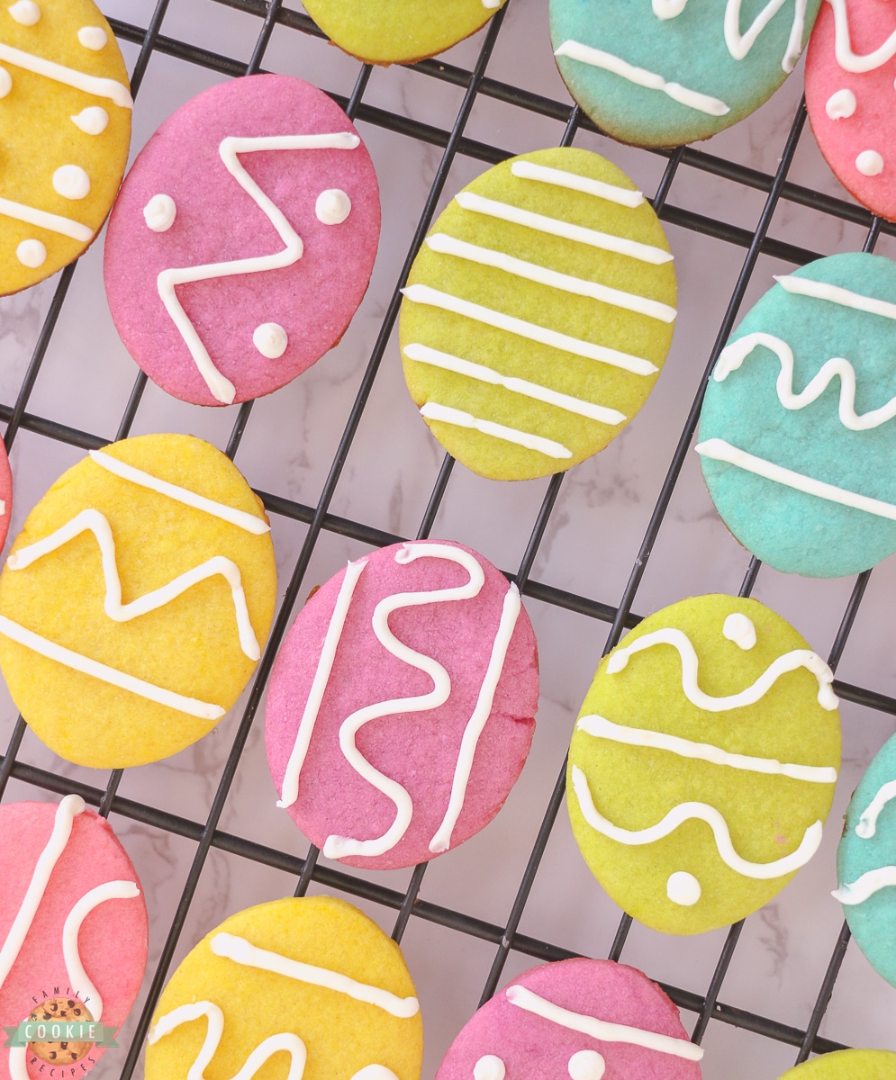 Easter Egg Sugar Cookies on a cooling rack