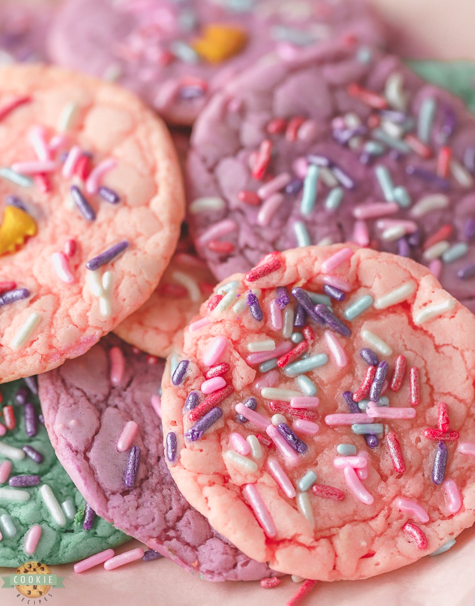 pink, purple and teal easy unicorn cookies with sprinkles