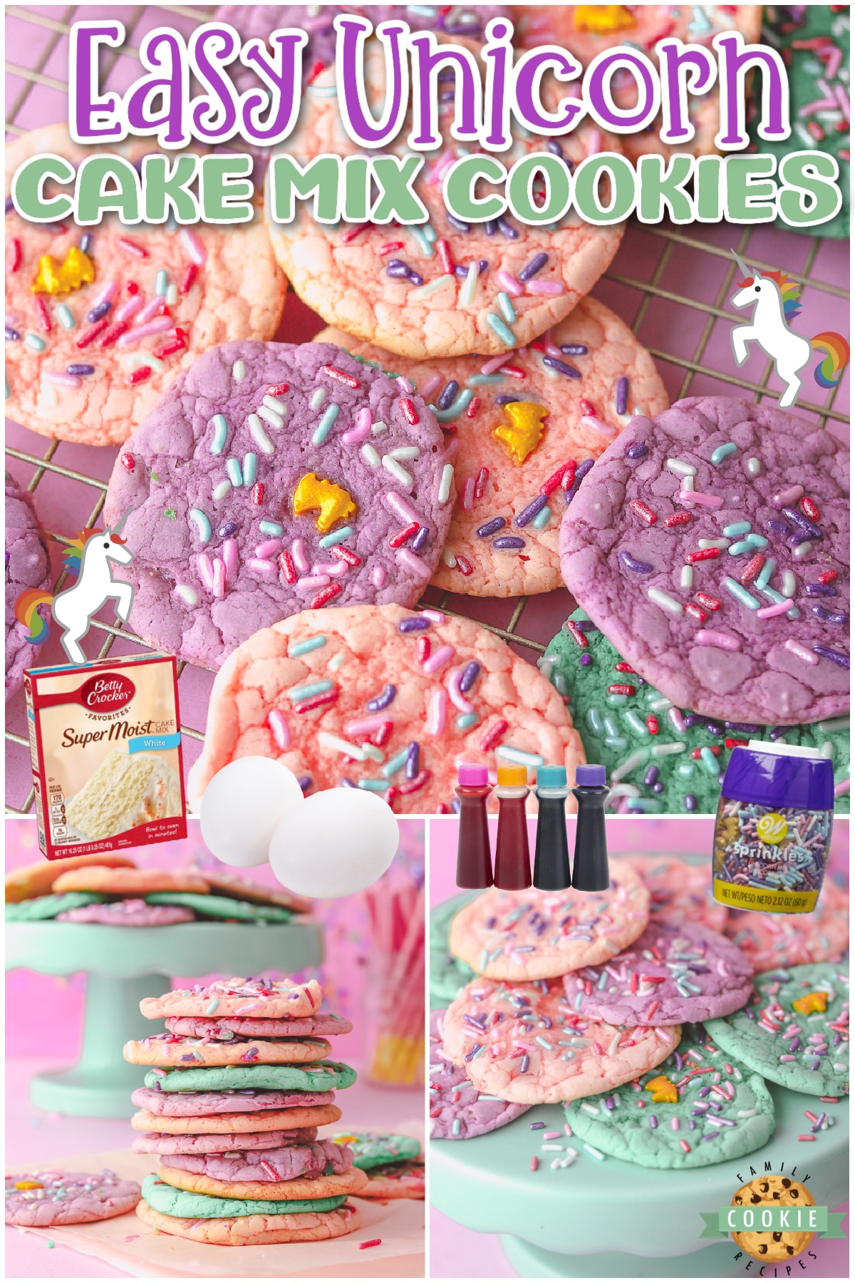 Easy Unicorn Cookies made with cake mix, eggs, oil & sprinkles! Fun, colorful cake mix cookie recipe with a unicorn inspired theme perfect for birthday parties!