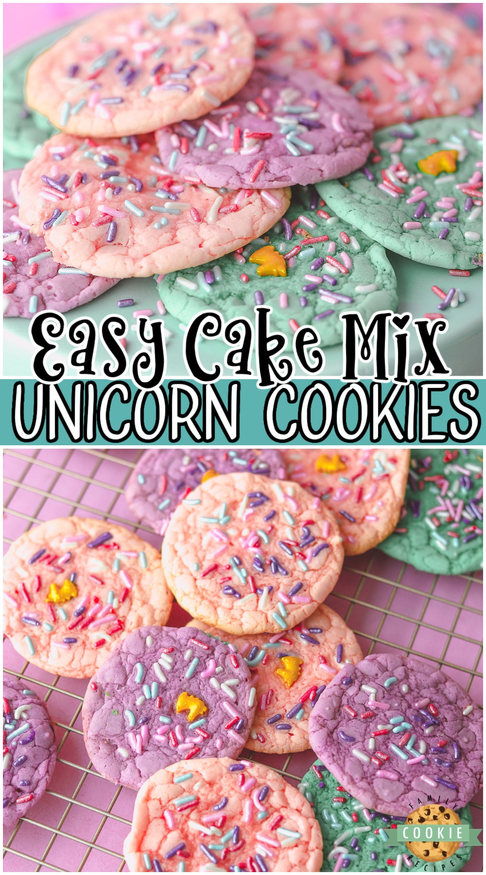 Easy Unicorn Cookies made with cake mix, eggs, oil & sprinkles! Fun, colorful cake mix cookie recipe with a unicorn inspired theme perfect for birthday parties!