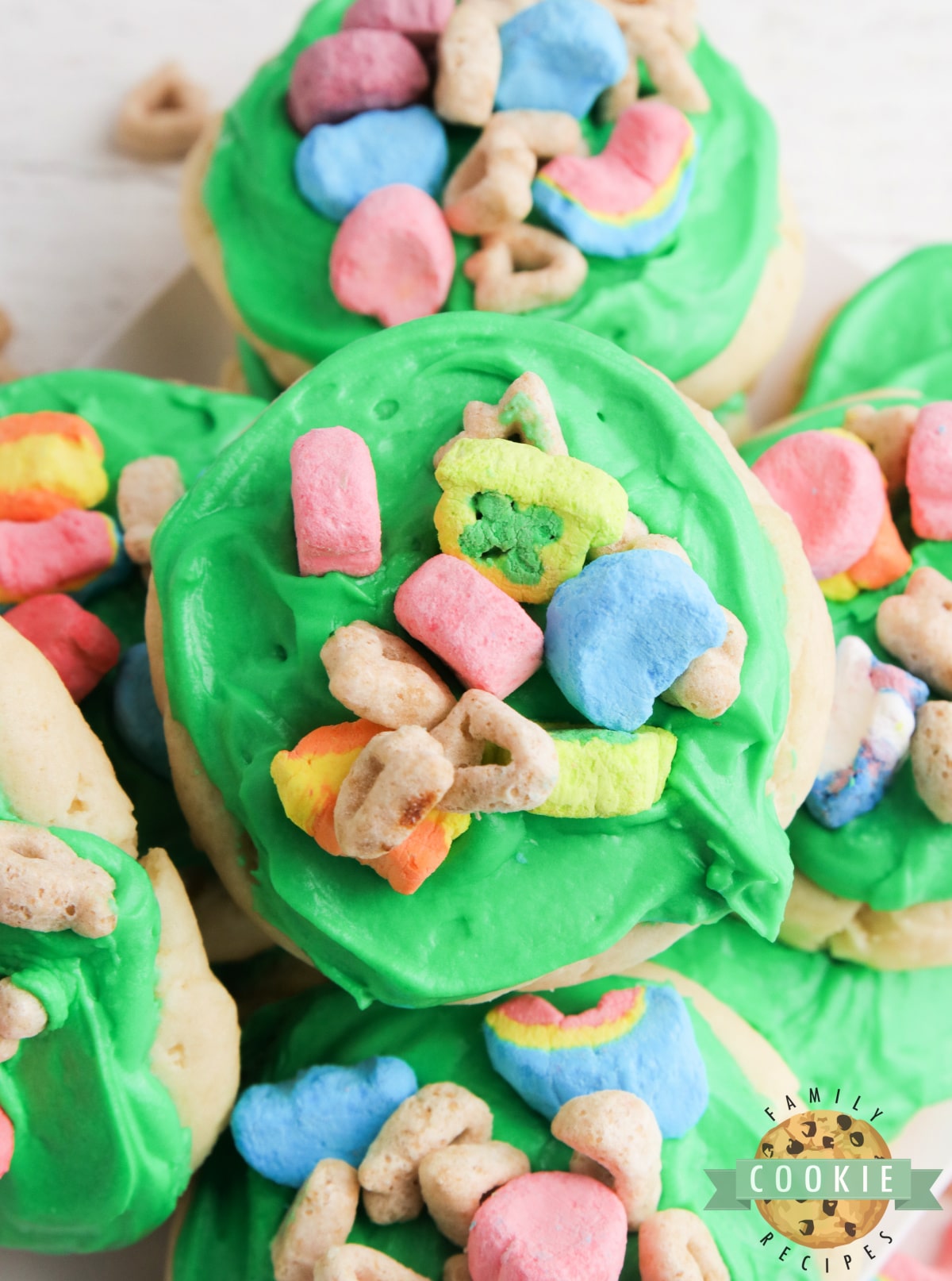 Cream Cheese Sugar cookie recipe with Lucky Charms on top