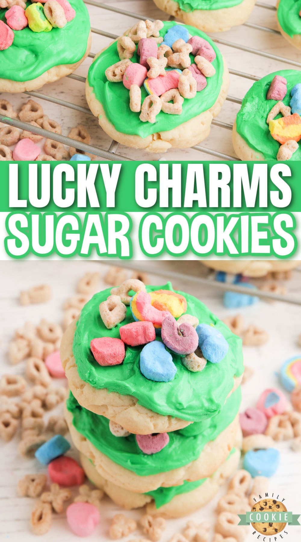 Lucky Charms Sugar Cookies are soft, sweet and perfect for St. Patrick's Day! Absolutely perfect cream cheese sugar cookie recipe frosted with a simple buttercream frosting and topped with Lucky Charms cereal.