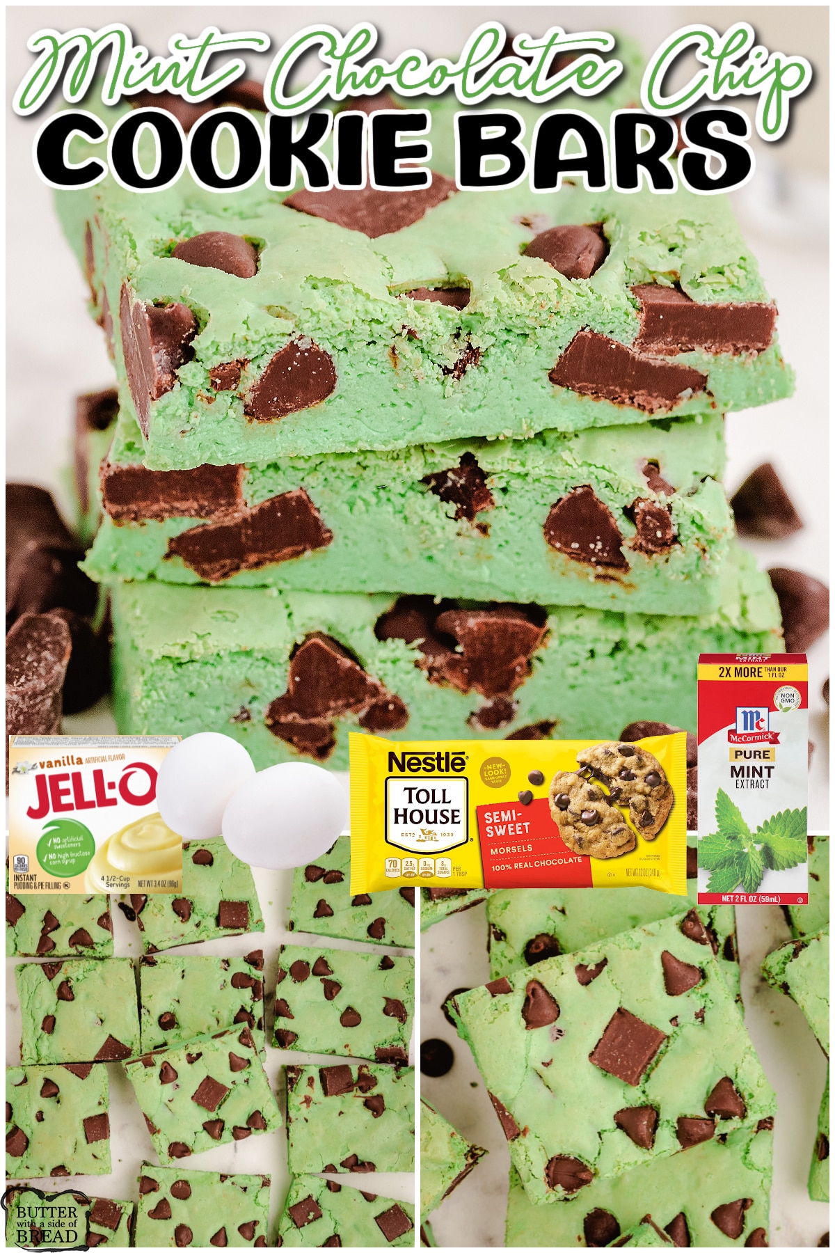 Mint chocolate chip cookie bars are the perfect mint green St. Patrick's Day dessert! Made from scratch with simple ingredients and steps these chewy cookie bars are always a fun treat.
