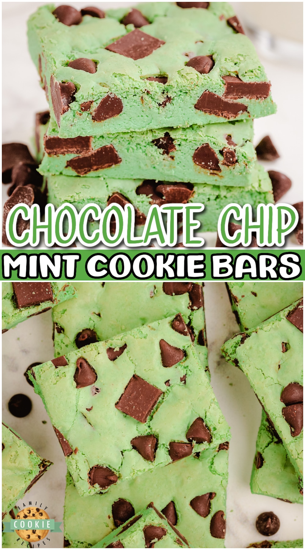 Mint chocolate chip cookie bars are the perfect mint green St. Patrick's Day dessert! Made from scratch with simple ingredients and steps these chewy cookie bars are always a fun treat.