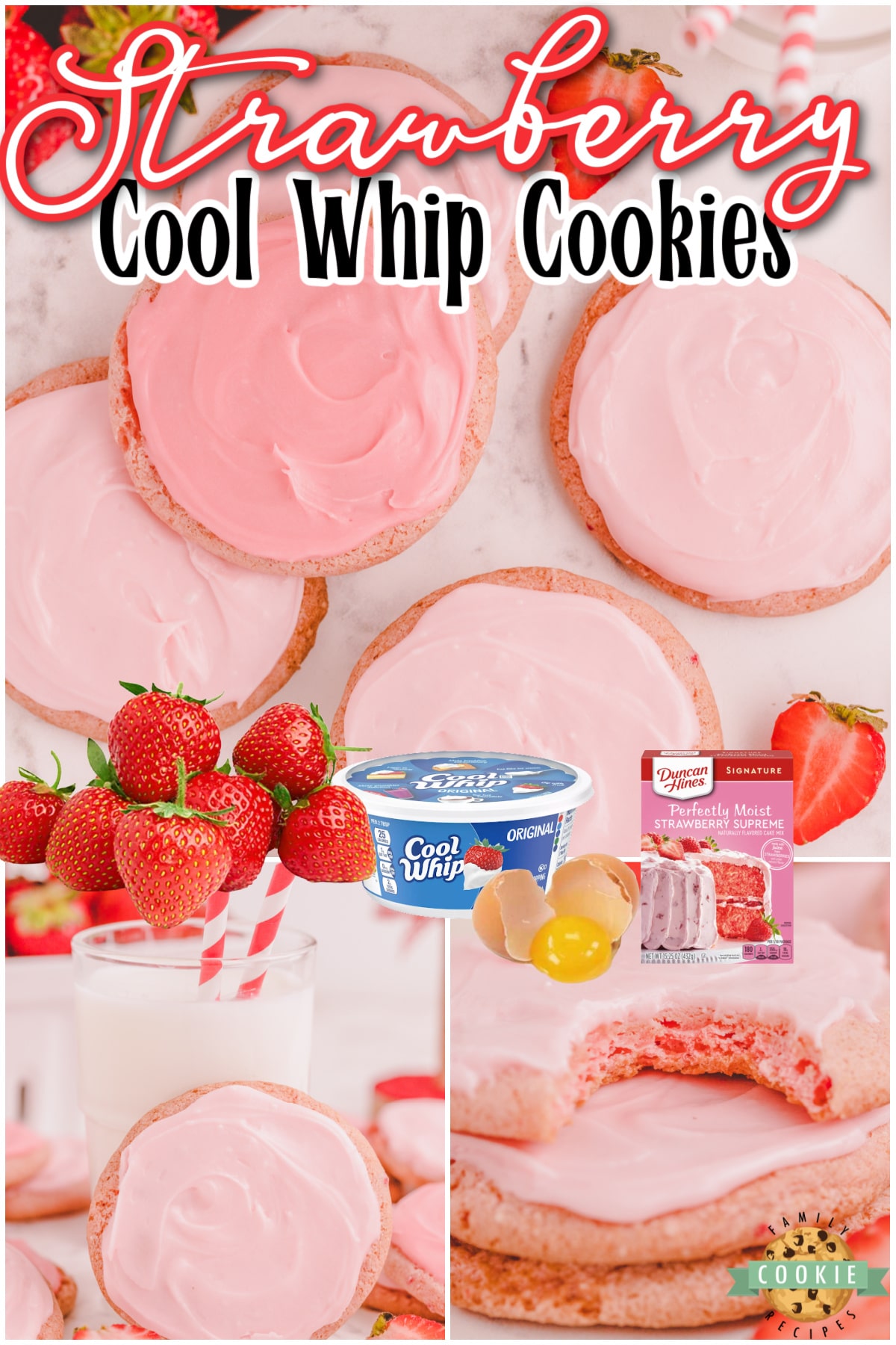 Strawberry Cool Whip Cookies made with cake mix, Cool Whip and 1 egg! Simple cake mix cookie recipe with lovely strawberry flavor that everyone loves!