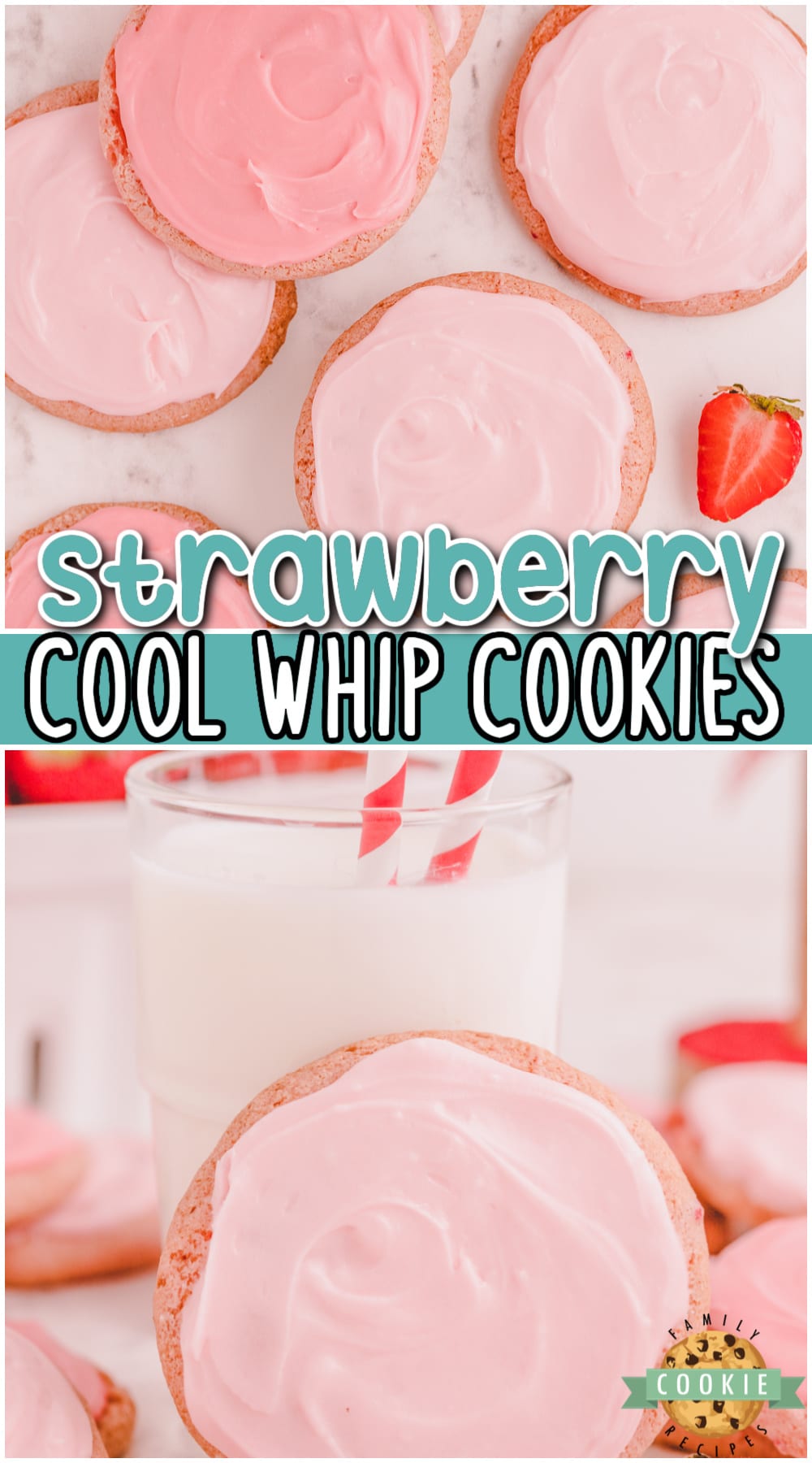 Strawberry Cool Whip Cookies made with cake mix, Cool Whip and 1 egg! Simple cake mix cookie recipe with lovely strawberry flavor that everyone loves!