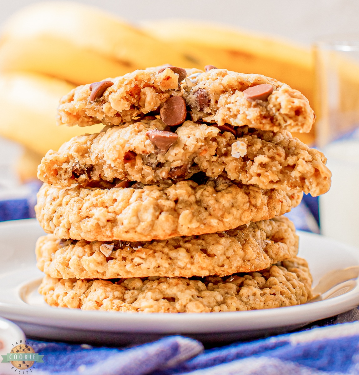 stack of banana oatmeal chocolate chip cookies