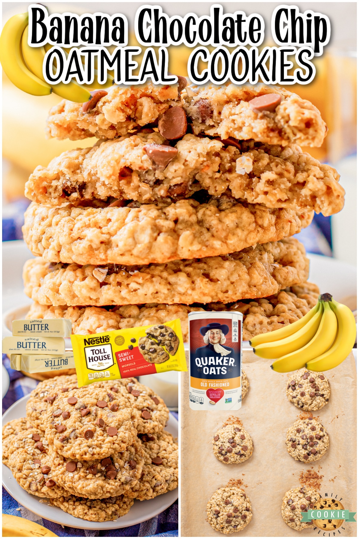 Banana Chocolate Chip Oatmeal Cookies are chewy, sweet oatmeal cookies packed with chocolate chips and banana! Fantastic buttery banana oatmeal cookies that everyone loves! 