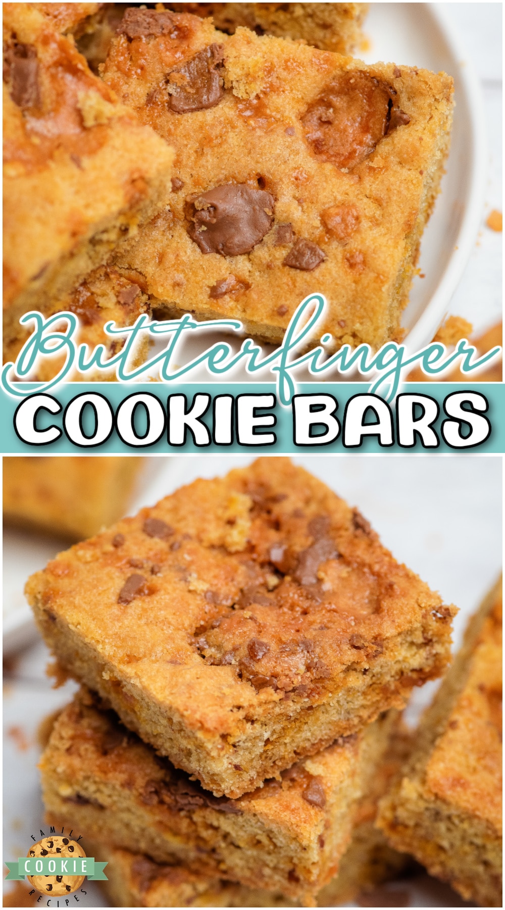 Butterfinger Cookie Bars are your favorite candy bar but in delicious cookie for! These butterfinger cookies are soft, chewy & have an amazing irresistibly crunchy texture!