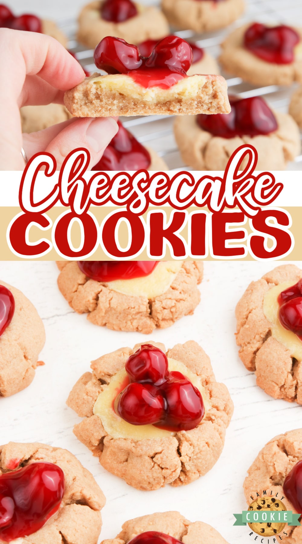 Cheesecake Cookies are graham cracker cookies baked with a simple cheesecake filling and topped with your favorite fruit or pie filling. 