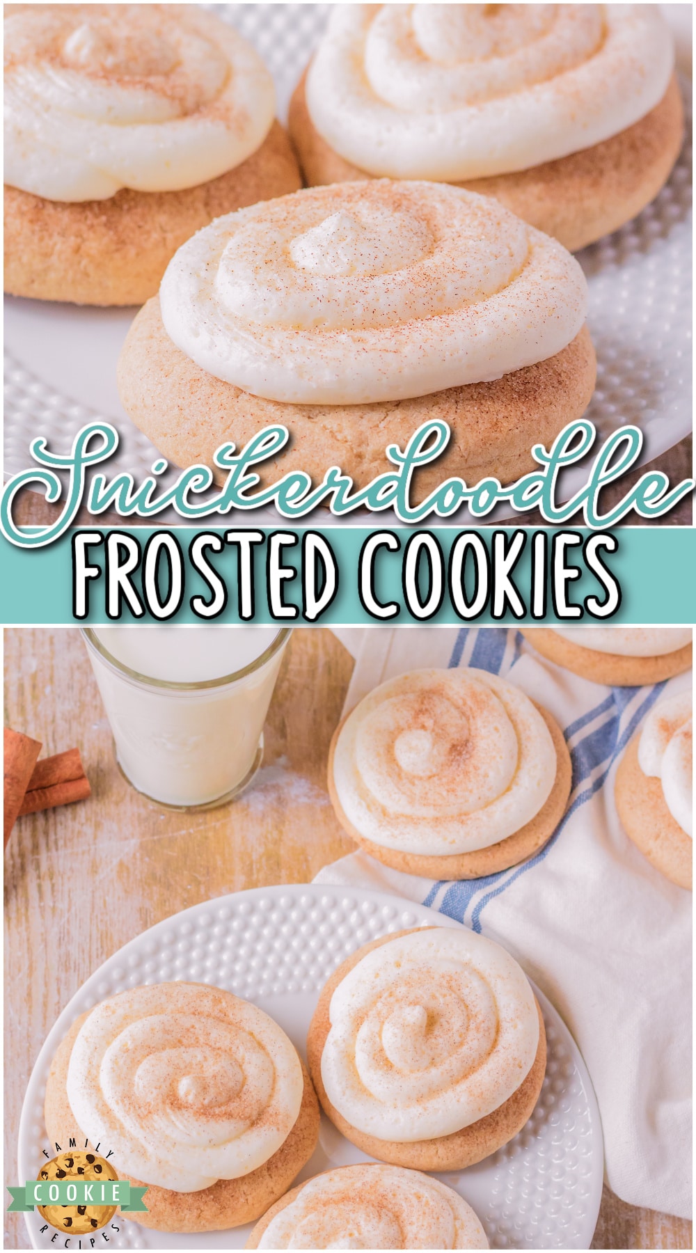 Frosted Snickerdoodles are a soft, chewy cookie rolled in cinnamon and sugar topped with homemade Buttercream Frosting. This snickerdoodle cookie with frosting is the perfect homemade cookie that tastes gourmet!