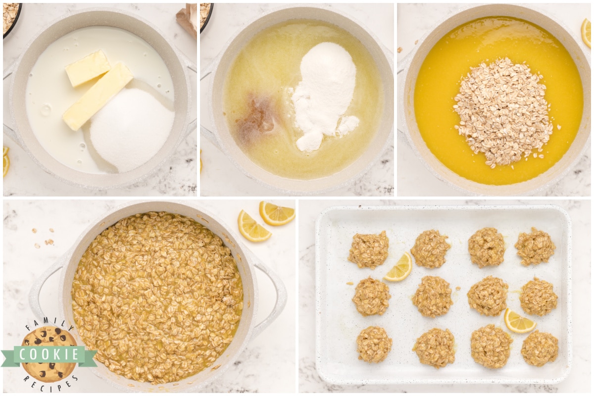 Step by step instructions on how to make Lemon Oatmeal No Bake Cookies
