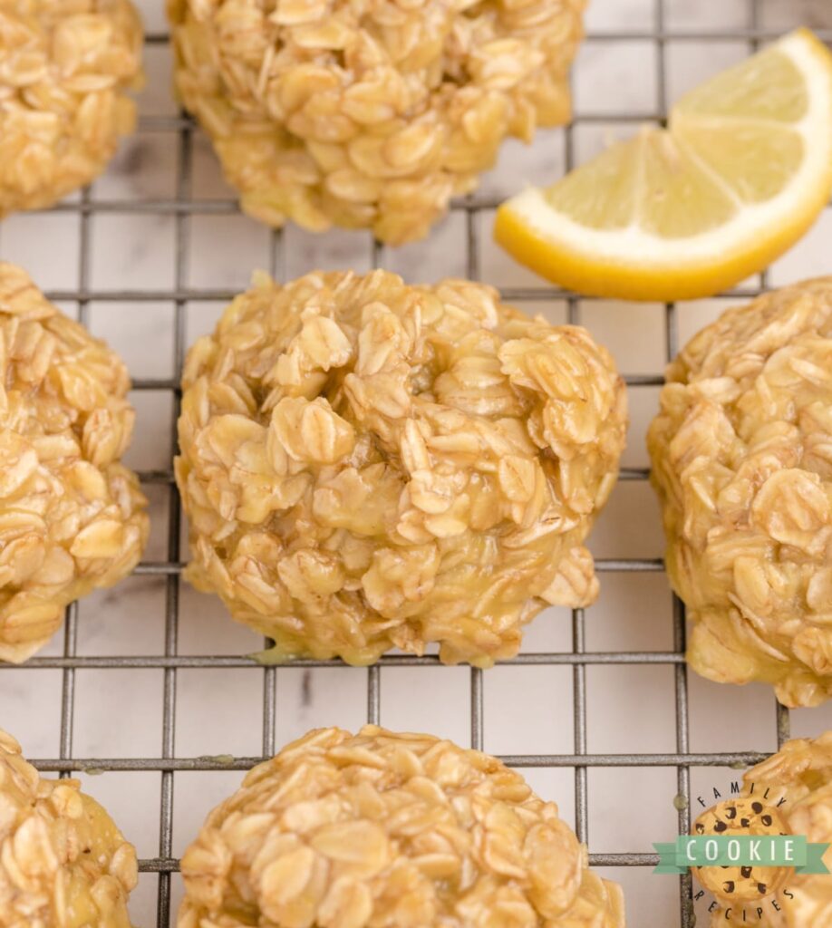 Lemon No Bake Cookies with Oats on a cooling rack