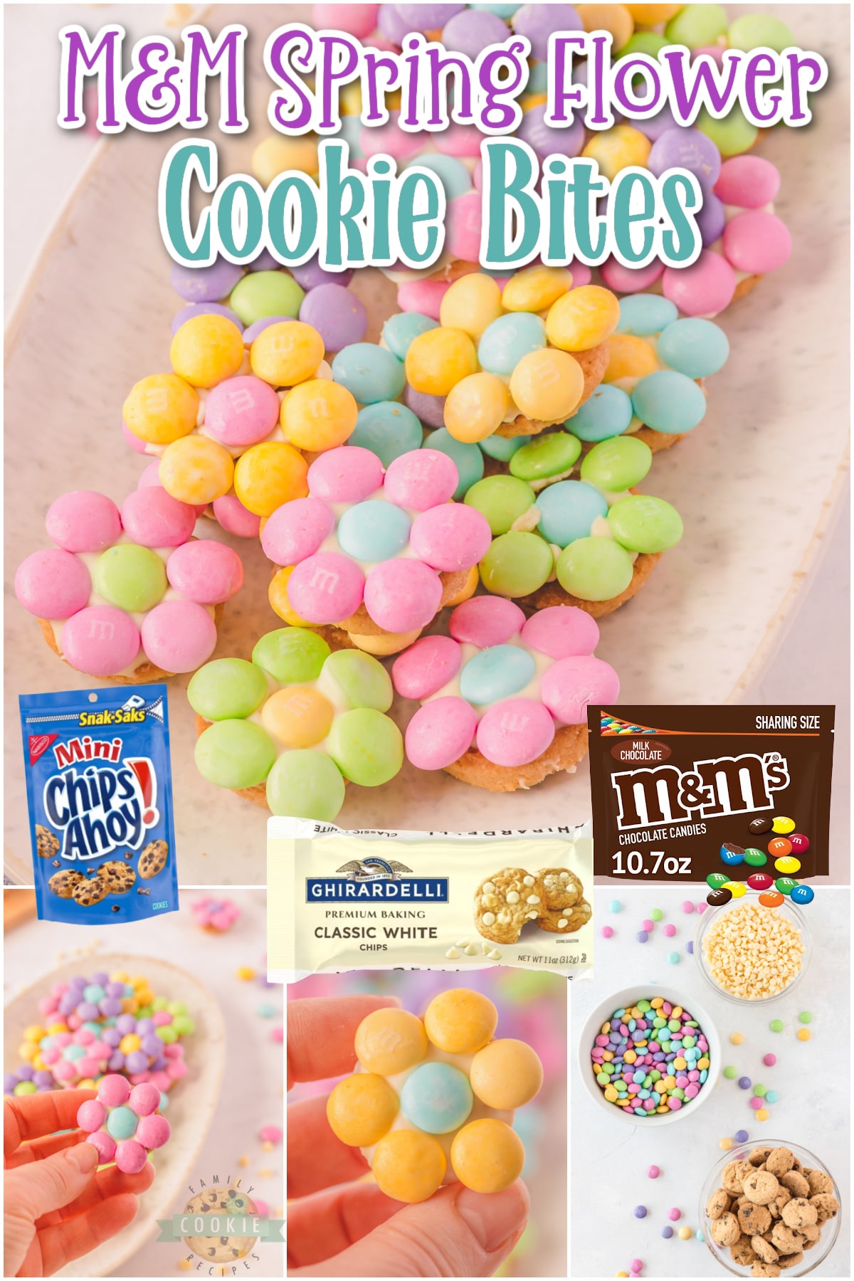 M&M Spring Flower Cookie Bites are simple & fun pastel candy treats! Made to look adorable and taste delicious, these M&M cookies are a perfect treat for Spring.