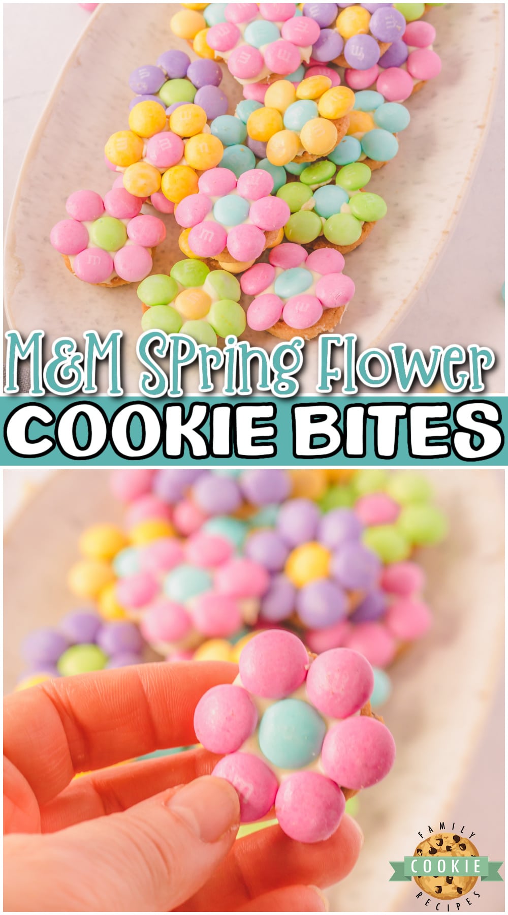 M&M Spring Flower Cookie Bites are simple & fun pastel candy treats! Made to look adorable and taste delicious, these M&M cookies are a perfect treat for Spring.