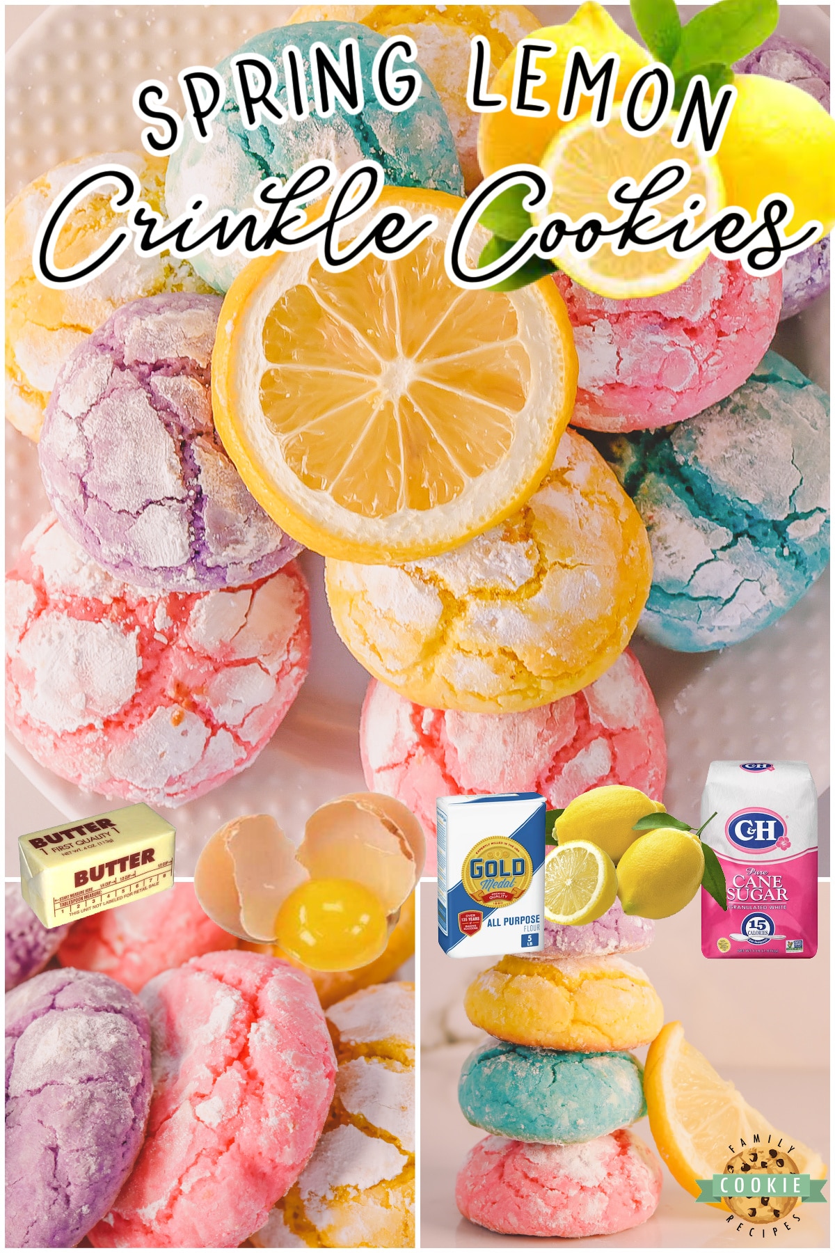 Spring Lemon Crinkle Cookies with amazing lemon flavor & vibrant, festive colors!  Homemade Lemon crinkle cookies are perfect for Easter!