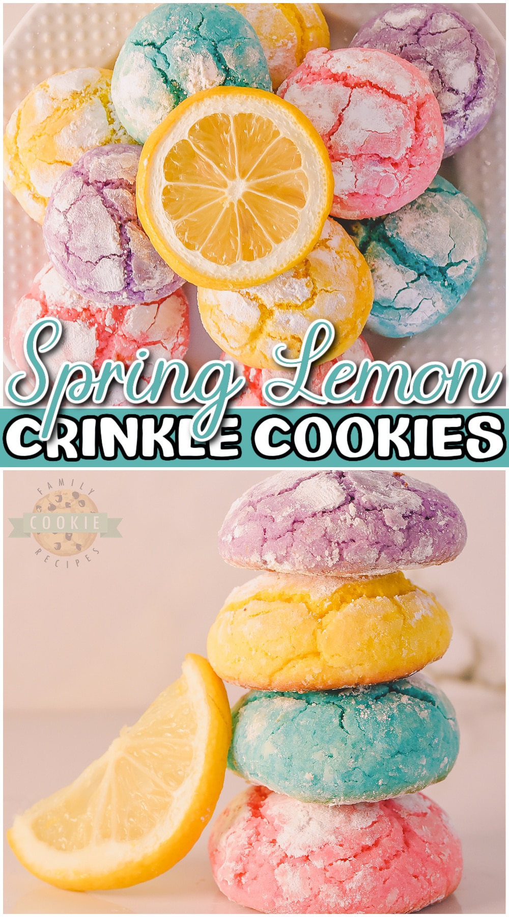 Spring Lemon Crinkle Cookies with amazing lemon flavor & vibrant, festive colors! Homemade Lemon crinkle cookies are perfect for Easter!