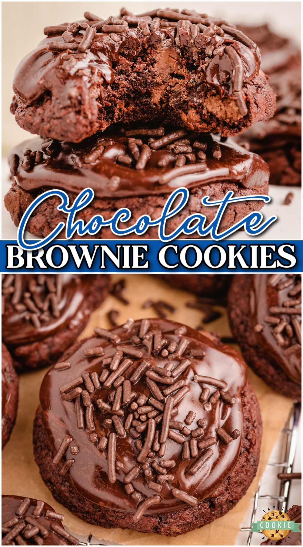 Chewy chocolatey Frosted Brownie Cookies are everything you love about brownies, in cookie form! Soft & chewy with a decadent chocolate icing, these cookies are perfect for chocolate lovers!