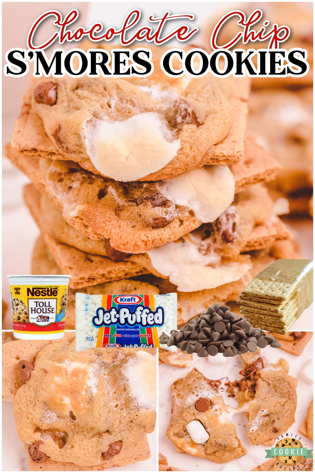 Chocolate Chip S’mores Cookies are soft, chewy chocolate chip cookies baked atop a graham cracker, then topped with chocolate chips & marshmallows! 